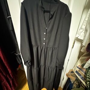 SHEIN Black Long Sleeve Tiered Maxi Dress with Button Placket